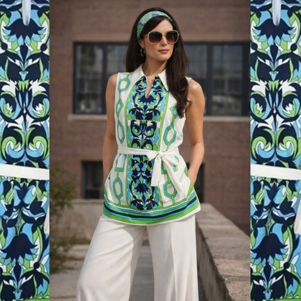 Vintage 60s Mod Tunic Top Blue Green Geometric Print Tie Waist Medium